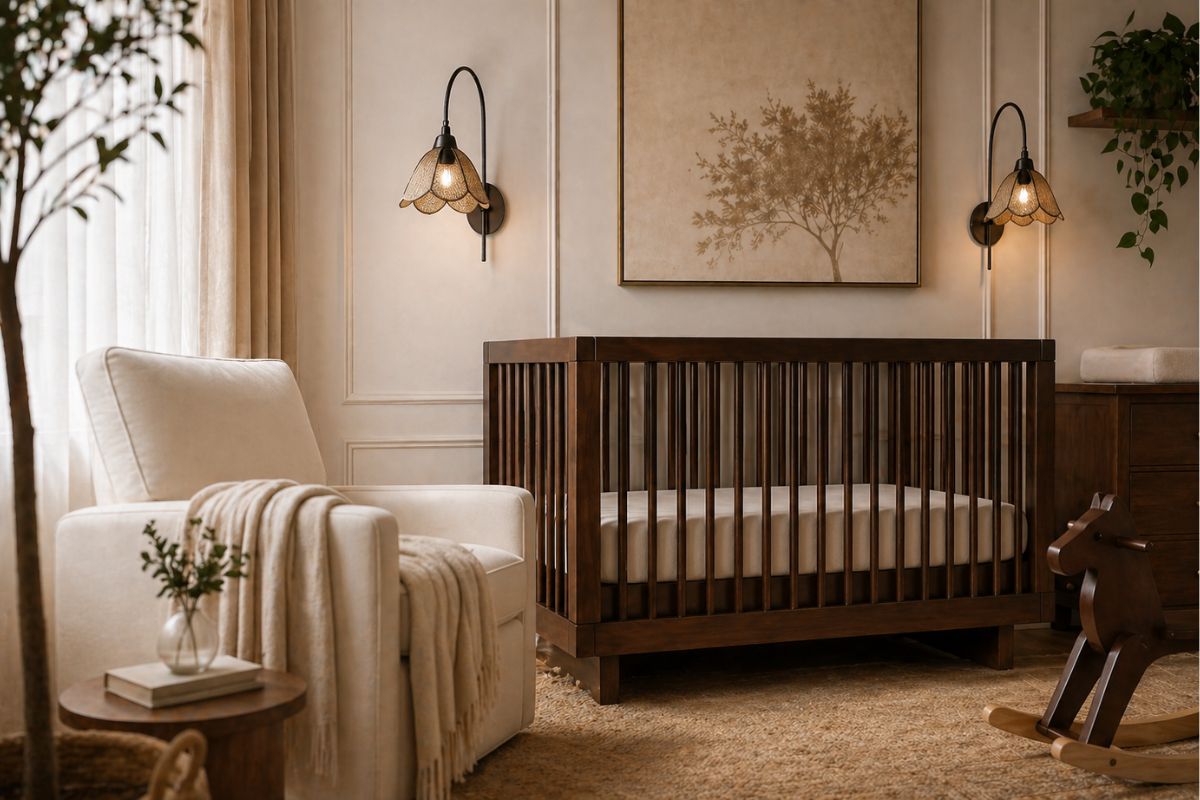Calm luxury nursery with dark wood crib and neutral decor