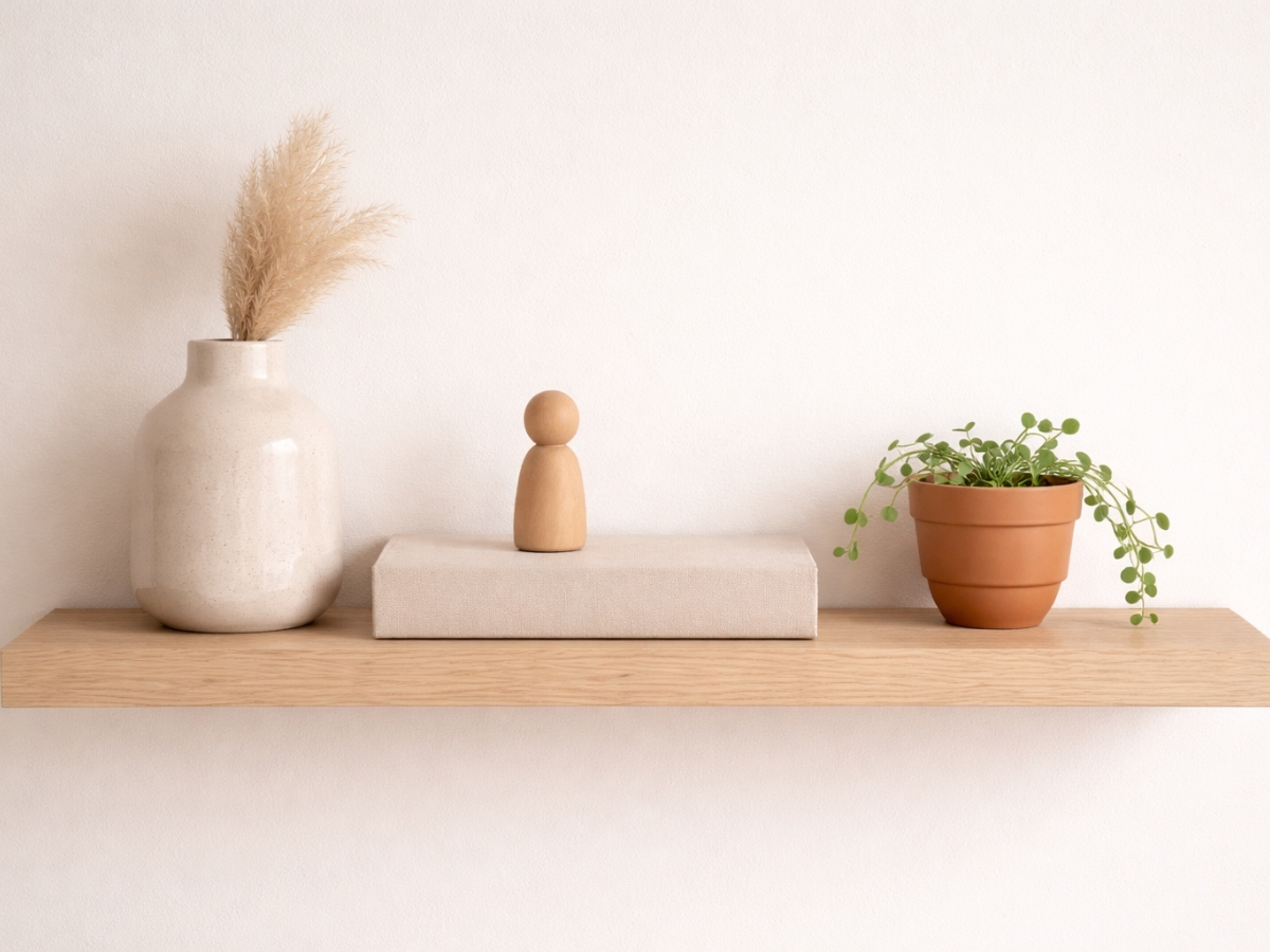 Beautifully curated nursery shelf with intentional objects