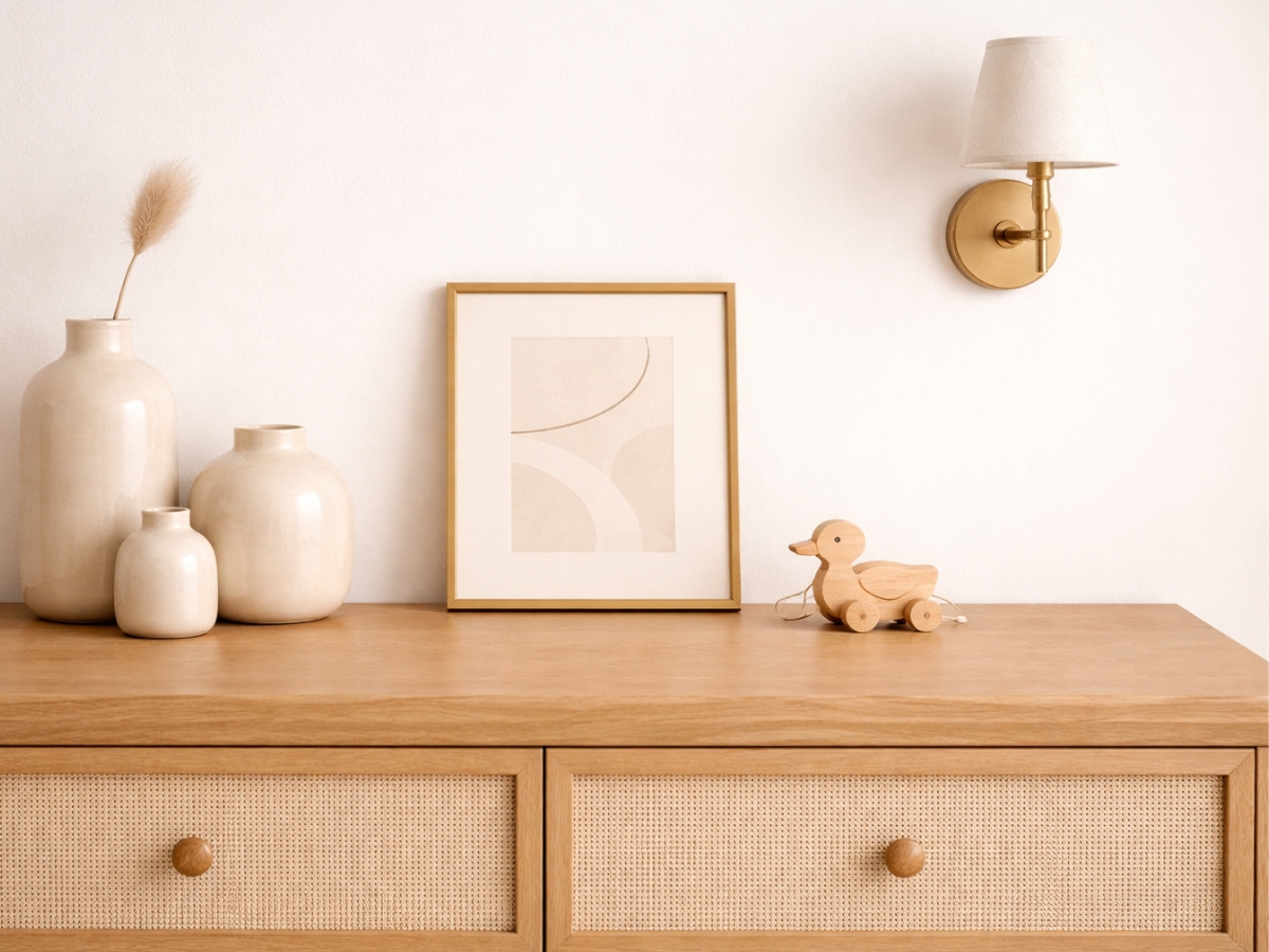 Perfect vignette styling on nursery dresser