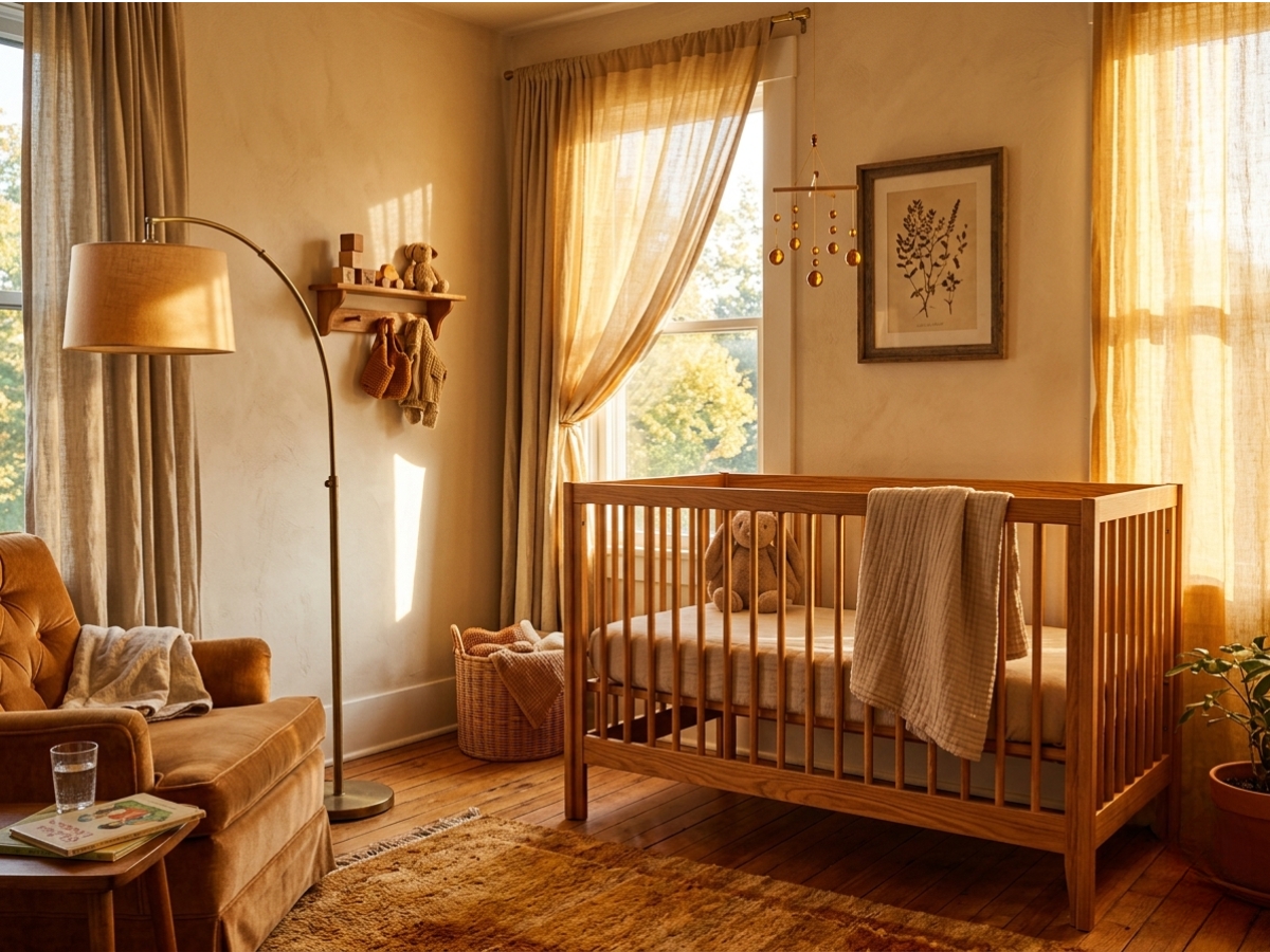 Sunlit nursery with honey oak furniture, warm brass accents