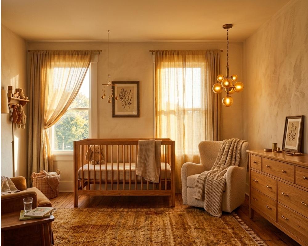 Golden hour nursery with warm natural light