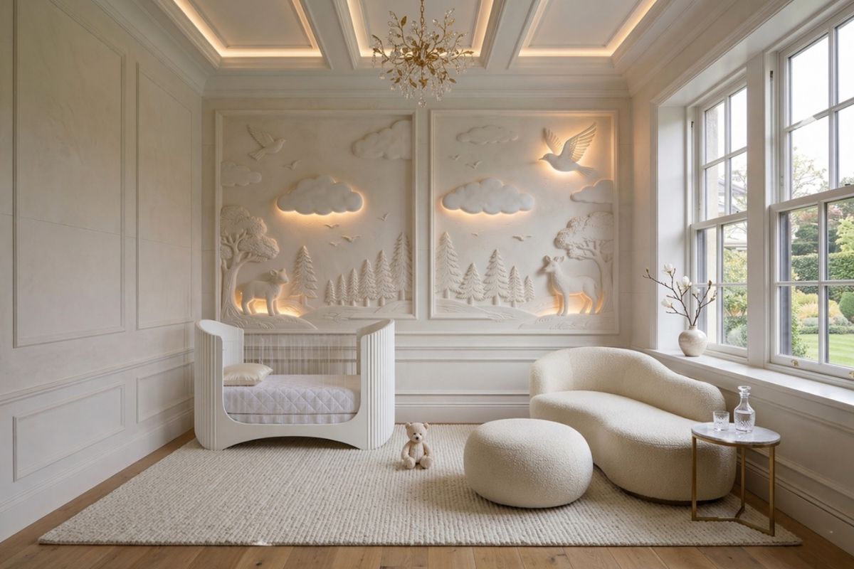Serene luxury nursery with sculptural relief walls
