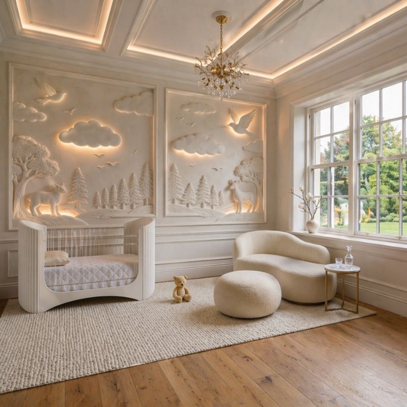 Complete quiet luxury nursery room showing architectural elements