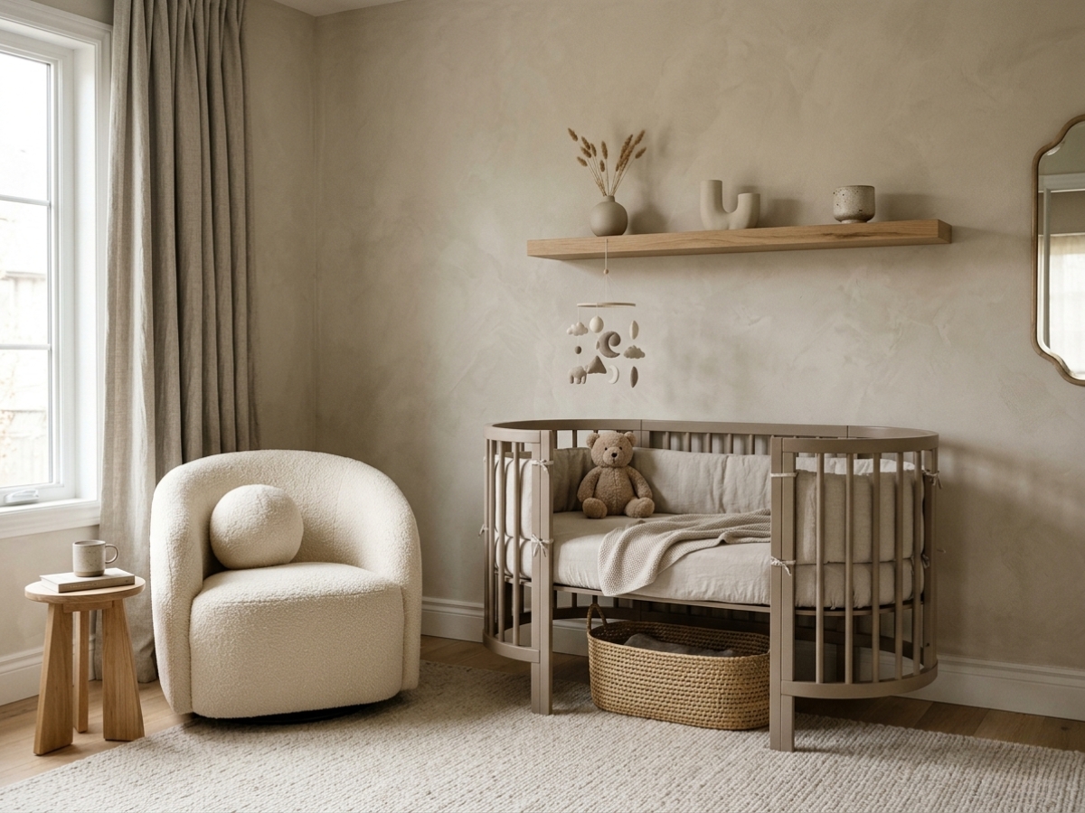 Nursery showcasing tonal palette from ivory to greige